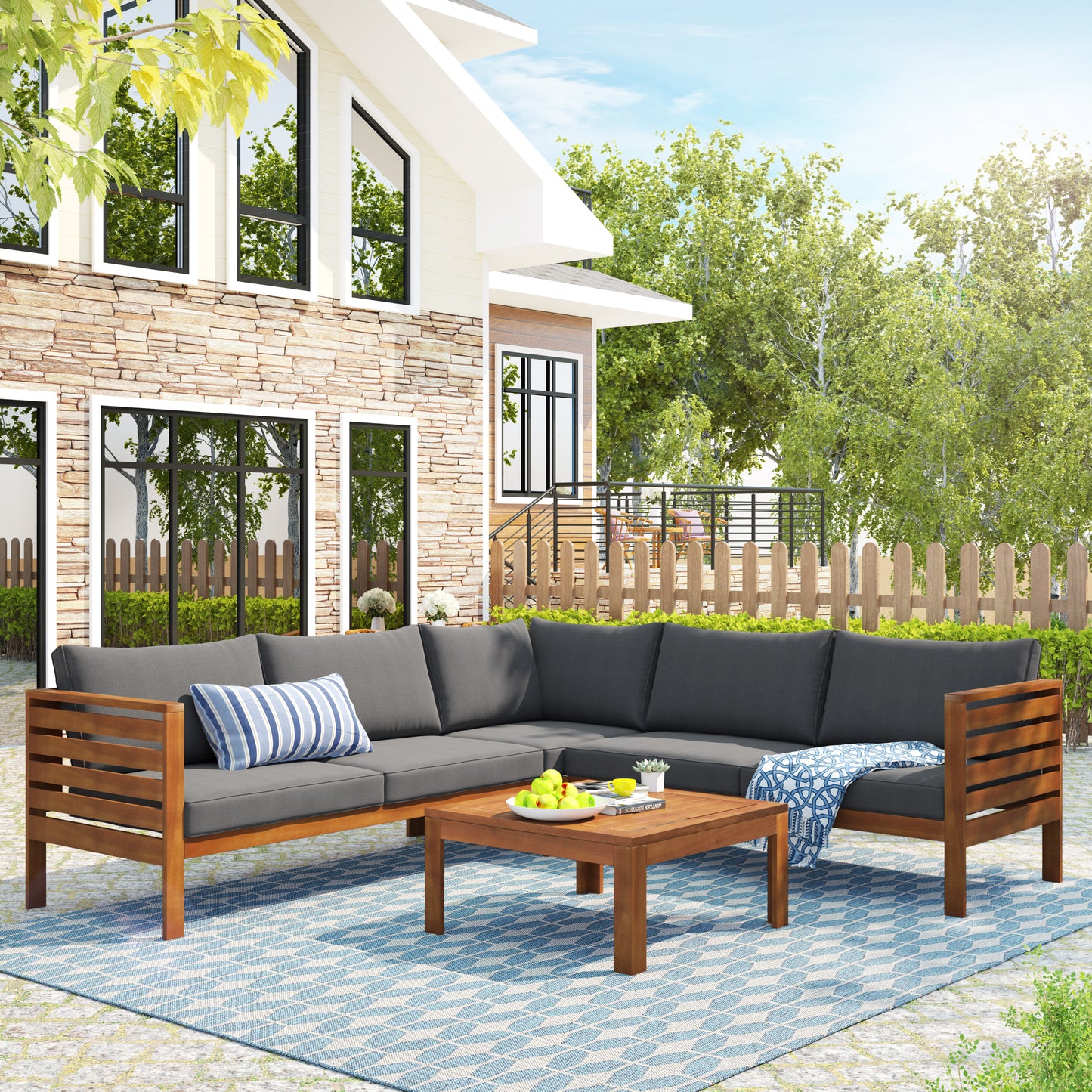 Wood Structure Outdoor Sofa Set with Cushions Exotic design Water-resistant and UV Protected texture High