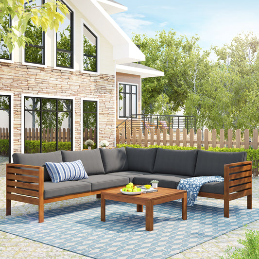 Outdoor Sofa Set Acacia Wood, Polyester Gray, Beige with Cushioned Seating for Patio and Garden Lounge Areas