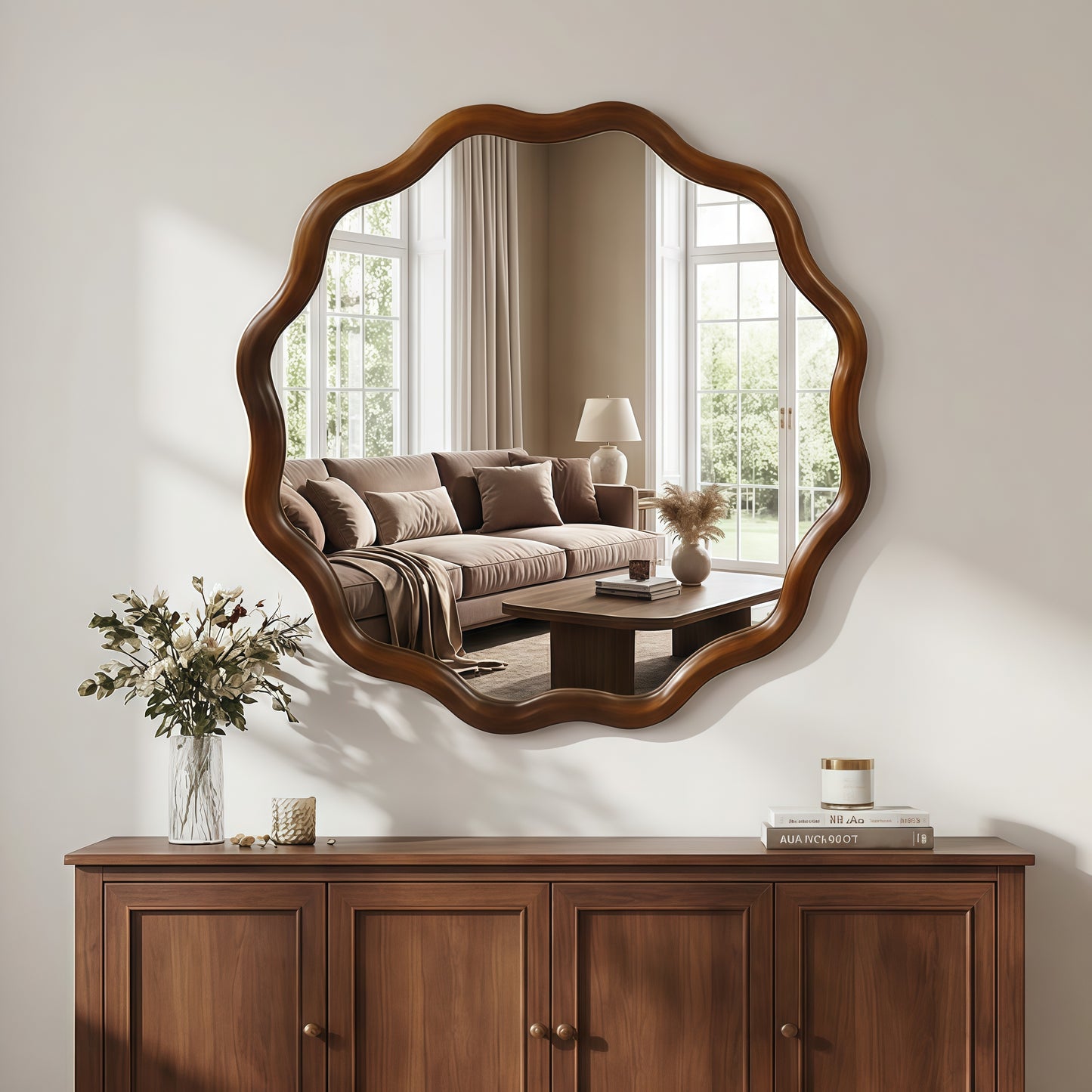 Wavy Round Solid Wood Frame Decorative Mirror for Bedroom, Bathroom, Living Room, Entry