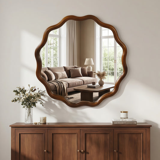 Black Walnut Wavy Round Solid Wood Wall Mirror, Decorative Vanity Mirror, Available in 24", 30", and 36" sizes for Bathroom, Bedroom, Living Room & Entryway