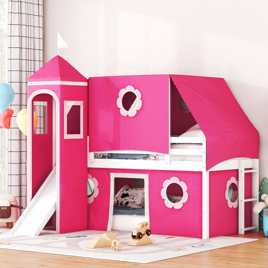 Loft Bed Twin Pink Solid Wood and MDF with Slide and Storage for Bedroom and Guest Room