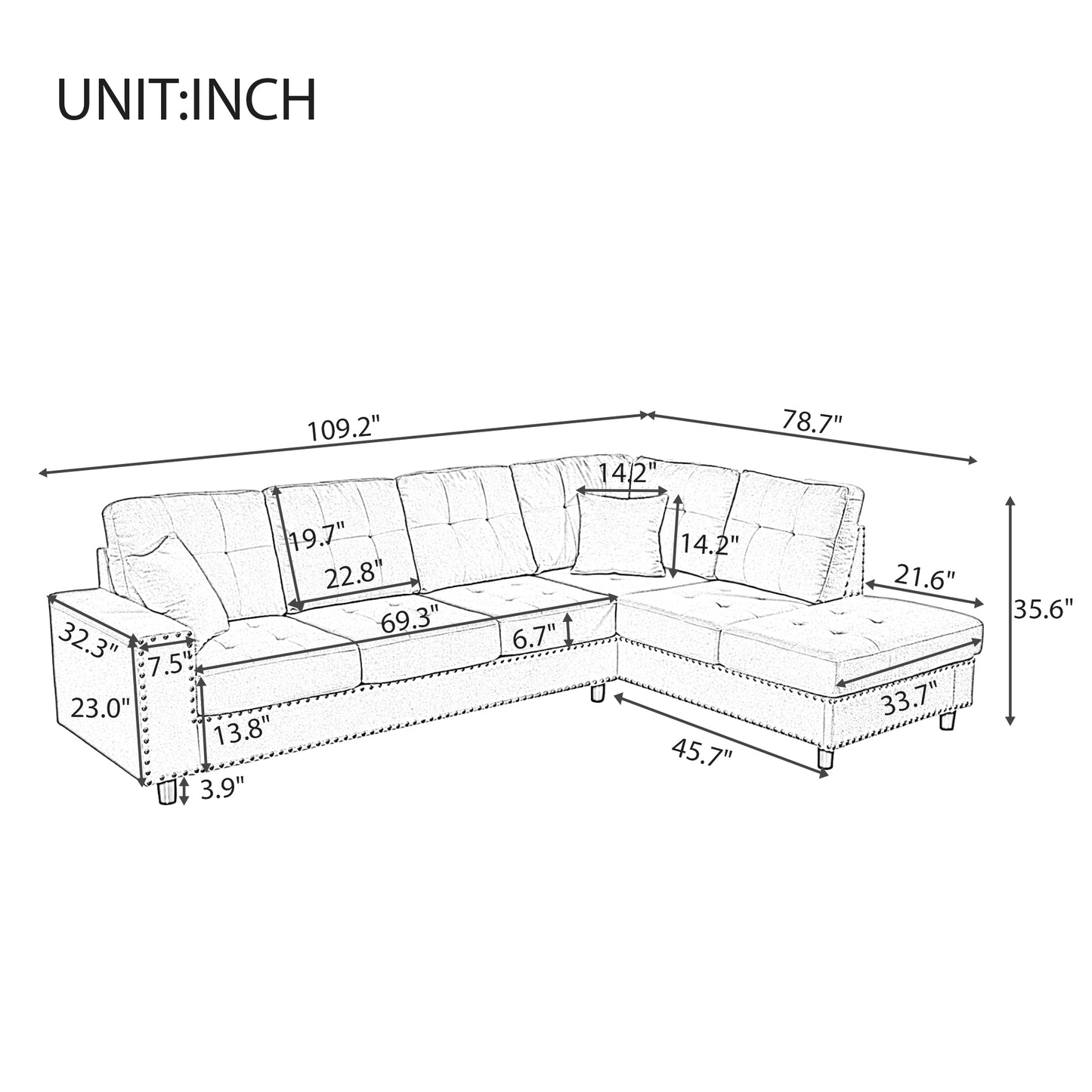 109.2''L-shaped Modular Sectional Sofa with Removable  Back Cushions and 2 Pillows, Suitable for Living rooms, Offices, and Apartments