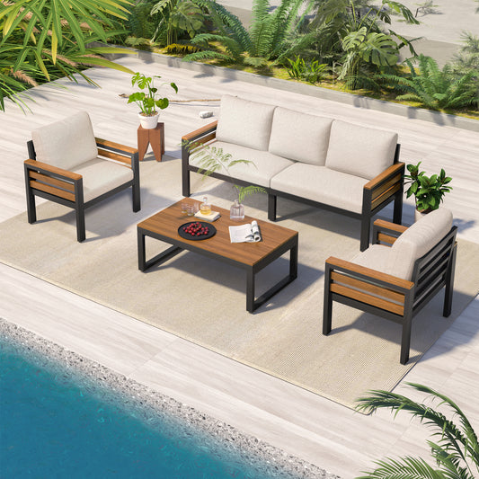 4-Piece Outdoor Sofa Set Acacia Wood, Iron, Polyester Beige, Grey with Cushioned Seating for Patio and Garden Lounge Areas