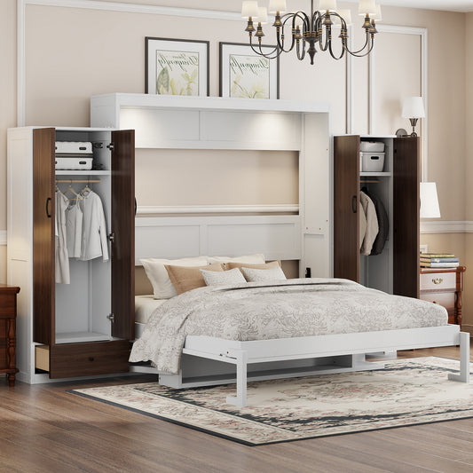 Murphy Wall Bed Queen White MDF and LVL with Drawers and Storage for Bedroom and Guest Room