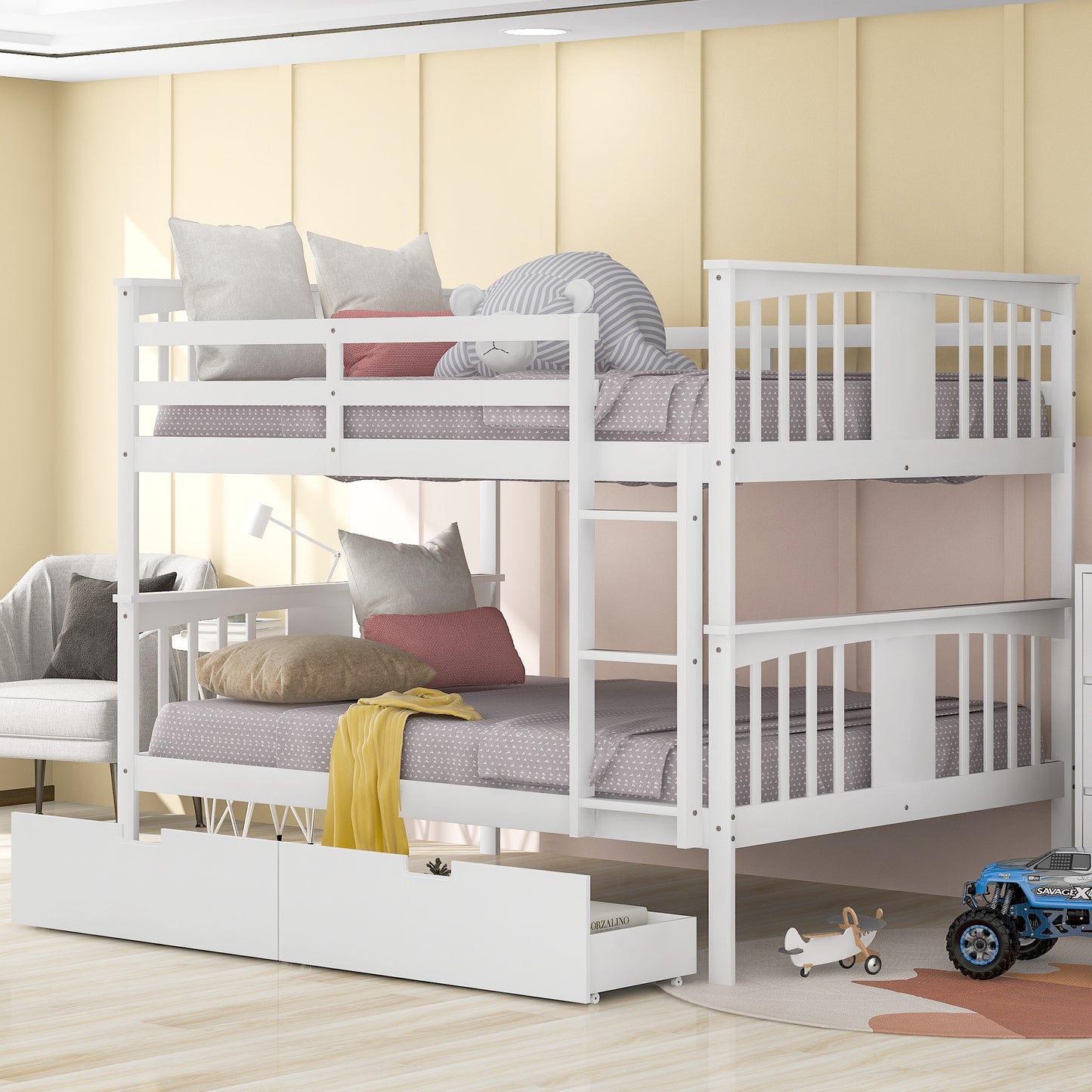 Full over Full Bunk Bed with Drawers and Ladder for Bedroom, Guest Room Furniture