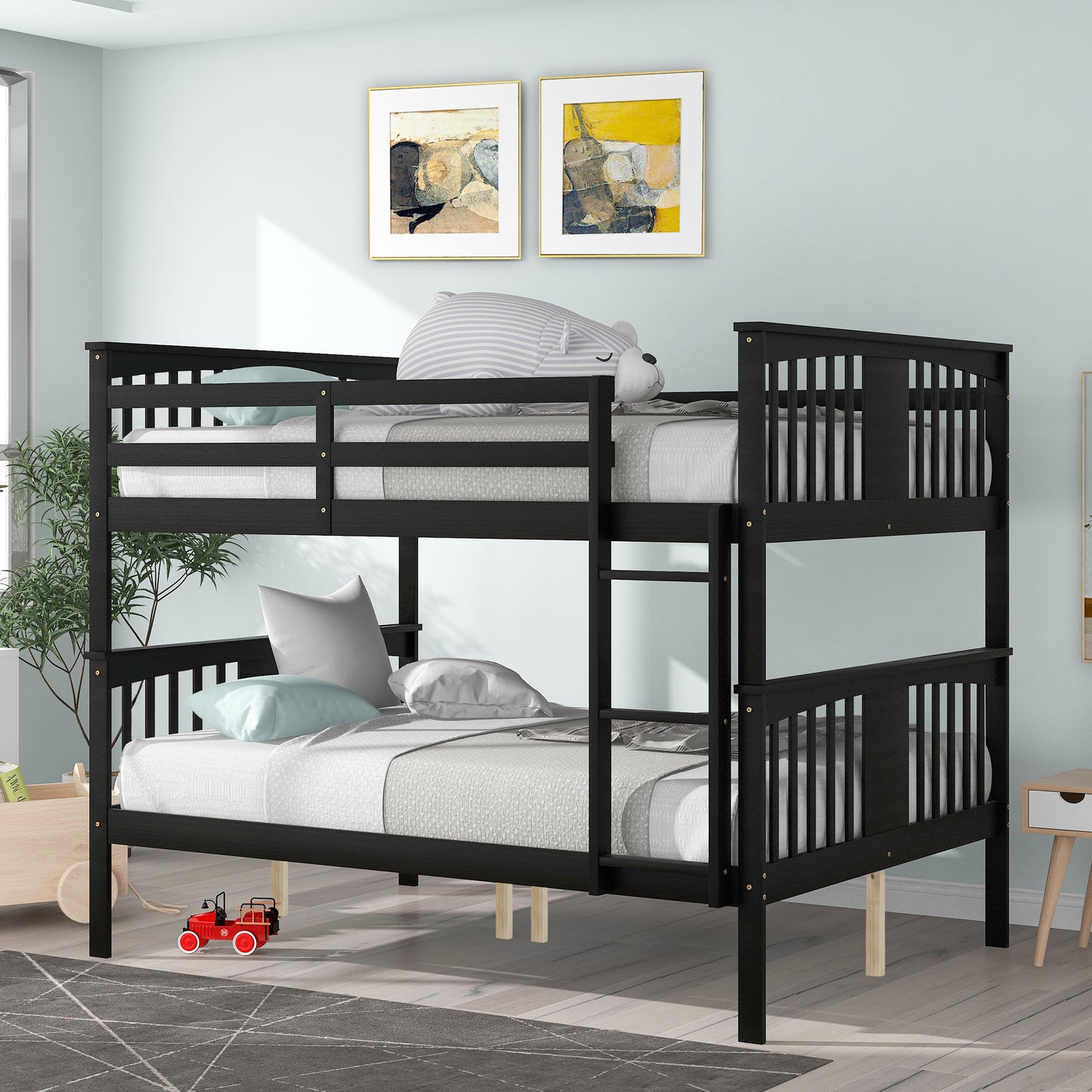 Full over Full Bunk Bed with Ladder for Bedroom, Guest Room Furniture