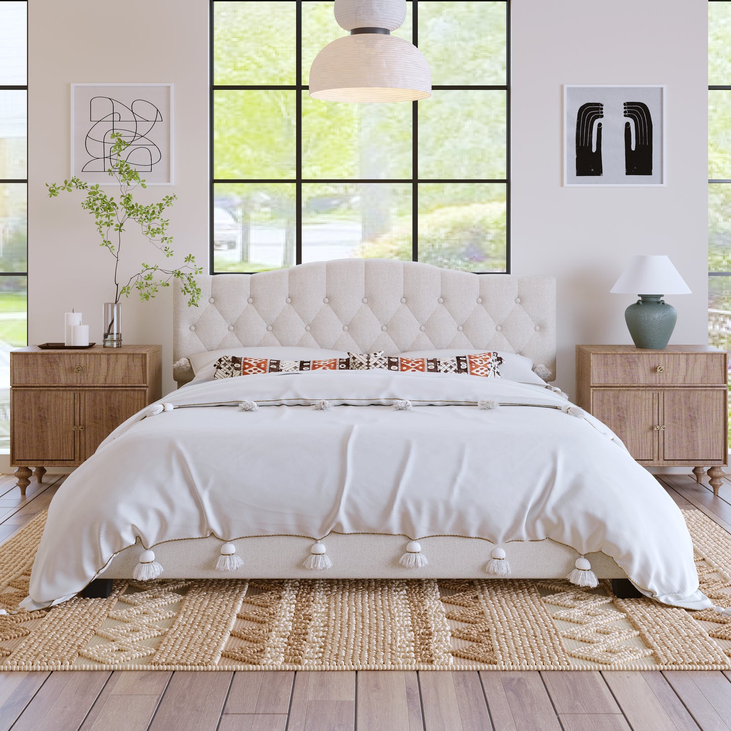 Upholstered Platform Bed with Saddle Curved Adjustable Headboard and Diamond Tufted Details,