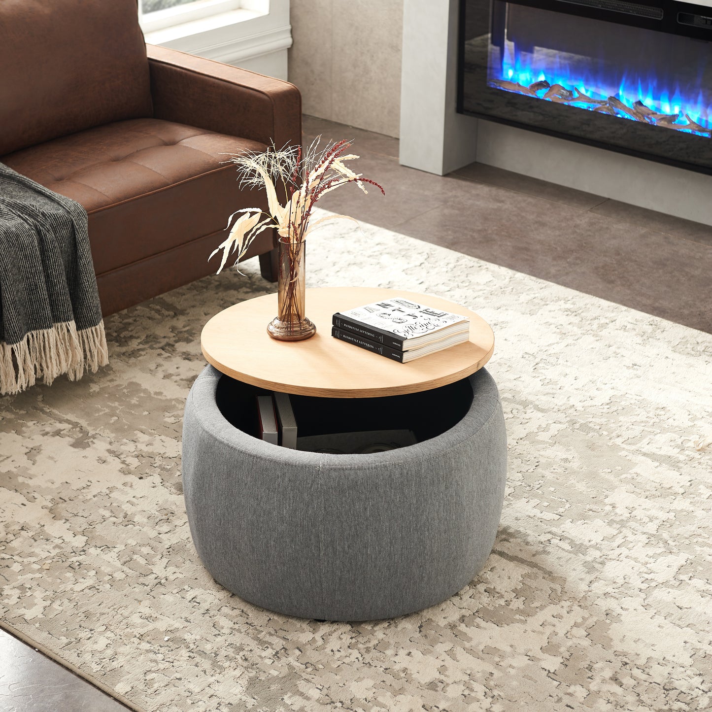 Round Storage Ottoman, 2 in 1 Function, Work as End table and Ottoman