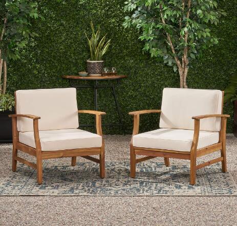 Perla Acacia Wood Outdoor Club Chair Set of 2 with Water-Resistant Cushions – Modern Patio Lounge Chairs with Slat Panel Design