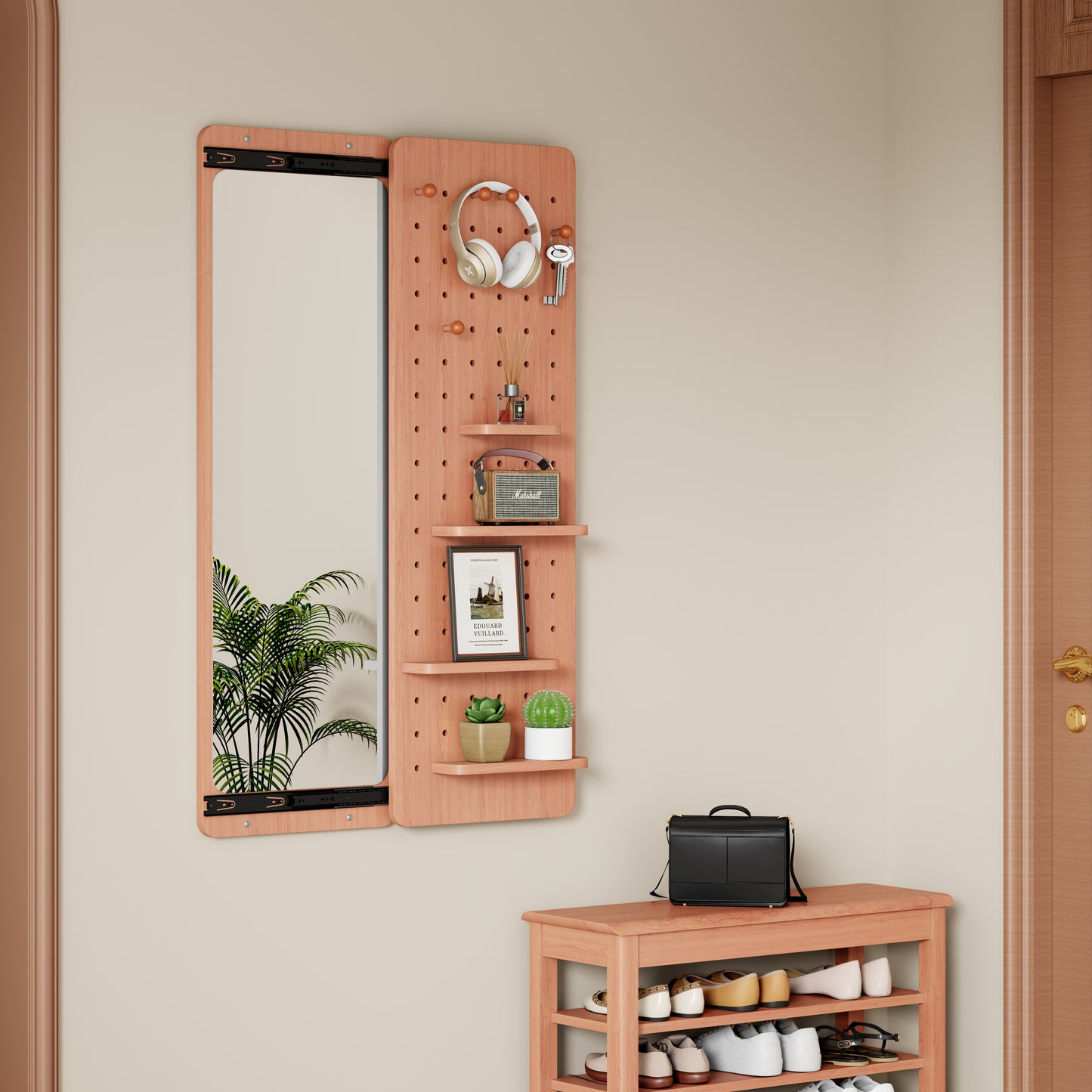 Wall Mounted Full Length Mirror with Shelf & Hooks – Multifunction Entryway Mirror Panel with Storage
