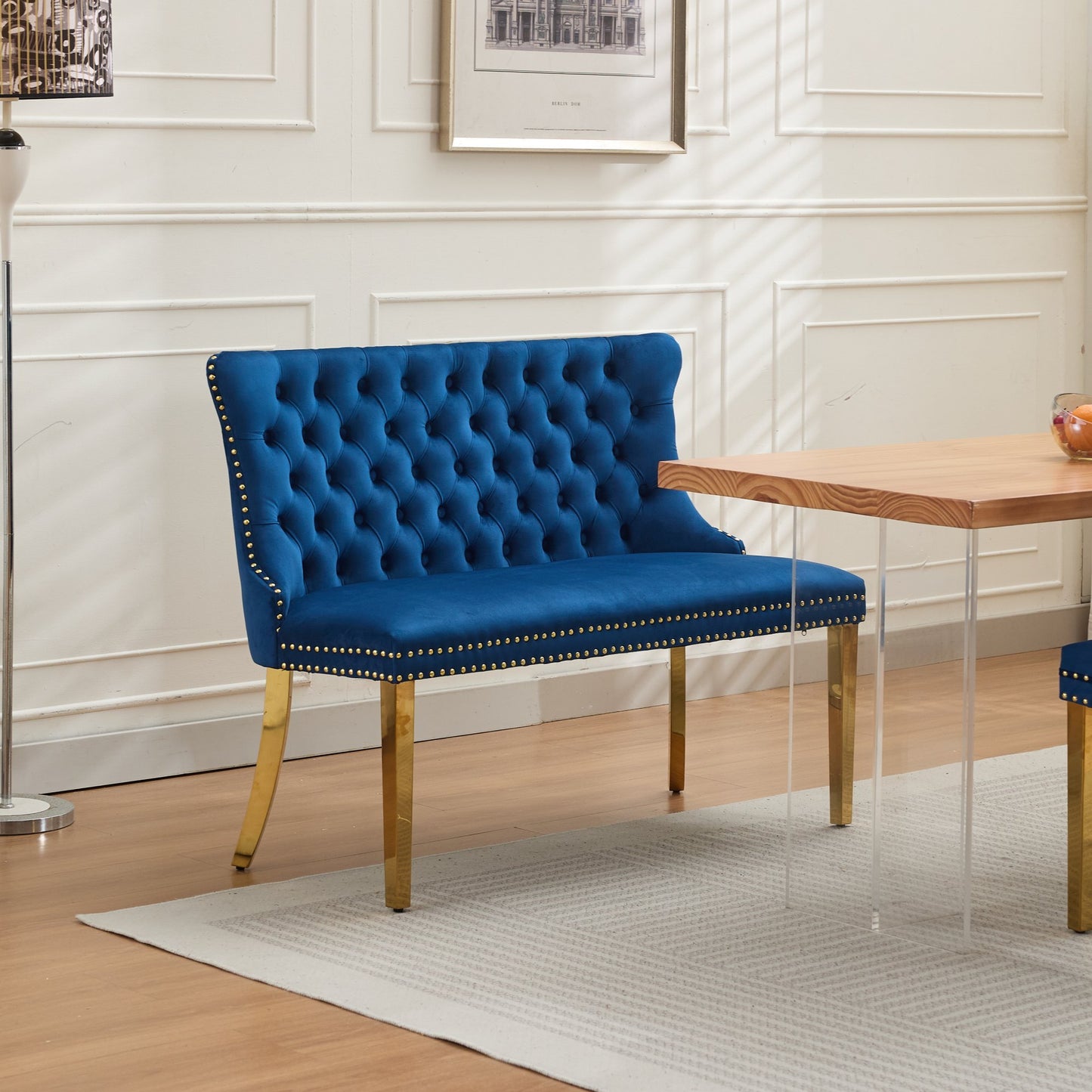 Velvet Double Dining Loveseat Bench, Kitchen & Dining Seating, 2-Seat Tufted Bench w/Handmade Buttons, Wing Back, Gold-P