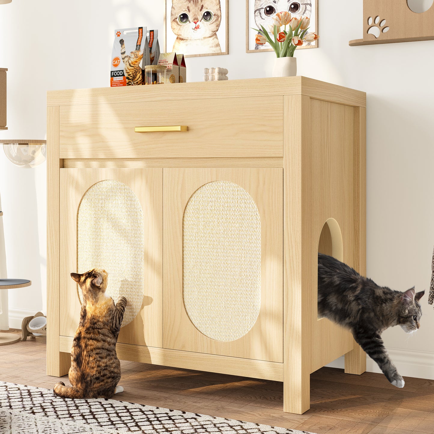 Hidden Cat Litter Box Enclosure – Pet Furniture Cabinet with Scratching Board, Storage Drawer & Doors