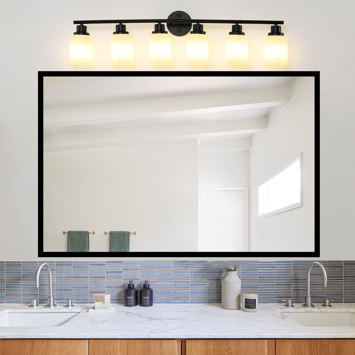 Modern 6-Light Vanity Bathroom Mirror Light, Frosted White Glass with Black Iron Frame, Contemporary Wall Sconce for Bedroom, Bathroom, And Dressing Room (No Bulbs)