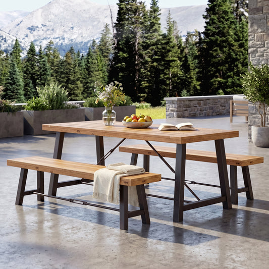 Outdoor Acacia Wood Picnic Dining Set with Iron Frame, Teak Finish Patio Table & Bench Set for Garden and Backyard