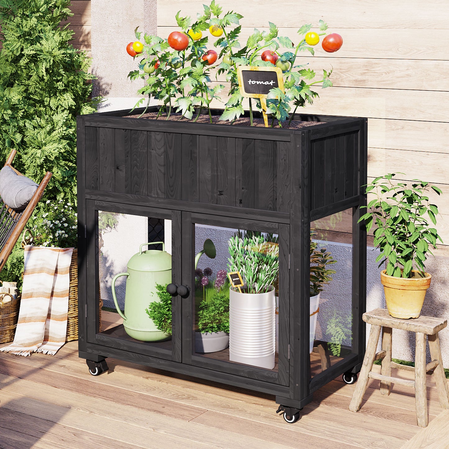 Patio 35.4''x17.7''x37.4'' Mini Wood Cold Frame, Compact 2 Doors Garden Greenhouse with Wheels, Raised Bed with Liner for Indoor Outdoor Use