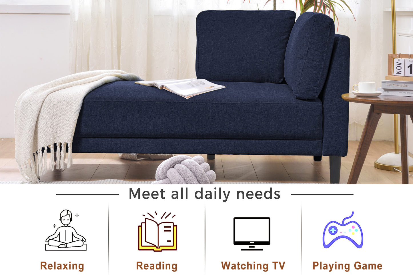 65" Mid-Century Modern Fabric Corner Lounge Chair, Upholstered Indoor Chaise Lounge for Bedroom,Office,Small Living Room & Apartment