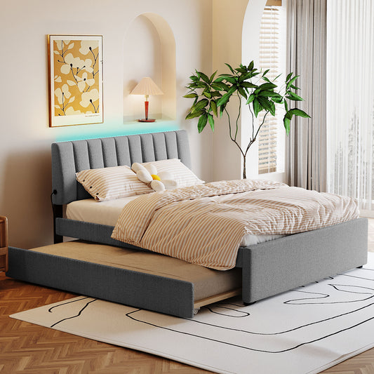 Platform Bed Twin XL Gray and Beige Fleece Upholstered with Trundle and Headboard for Bedroom and Guest Room