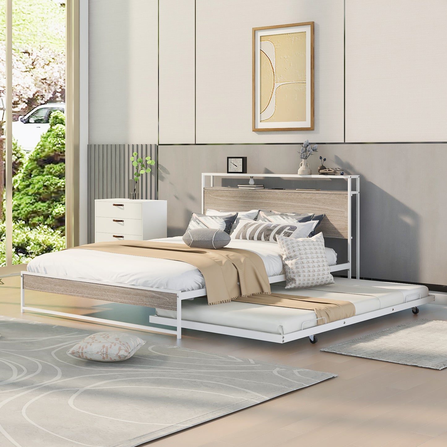 Queen Size Metal Platform Bed Frame with Trundle, USB Ports and Slat Support ,No Box Spring Needed