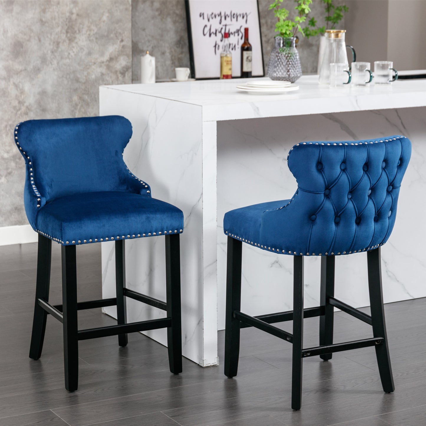 Contemporary Velvet Upholstered Wing-Back Barstools, Set of 2