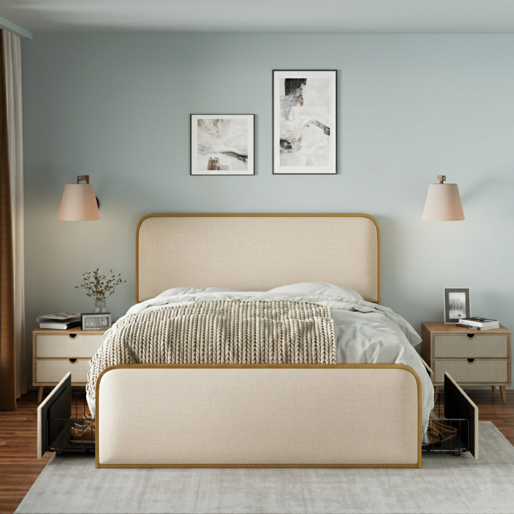 Gold Modern Metal Bed Frame with Curved Upholstered Headboard and Footboard with Storage and Heavy Duty