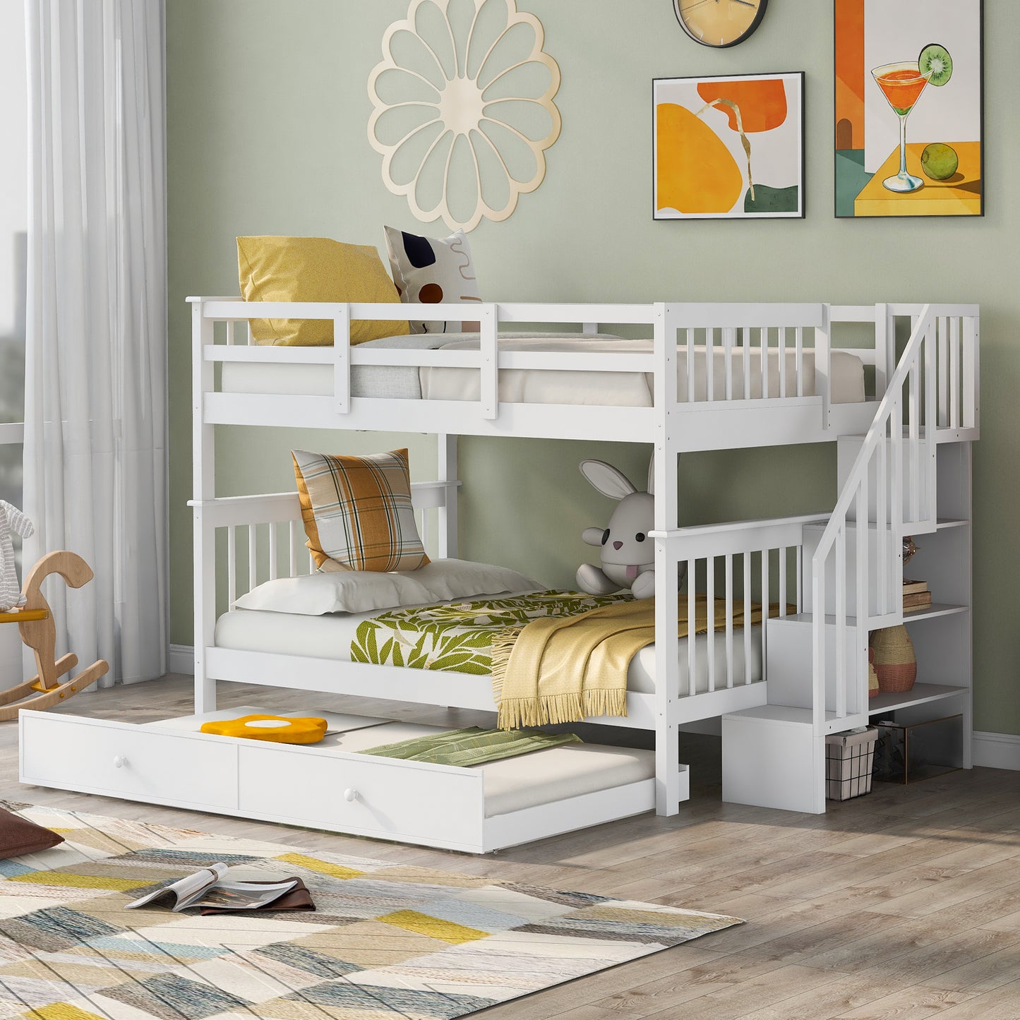 Stairway Full-Over-Full Bunk Bed with Twin size Trundle and Storage