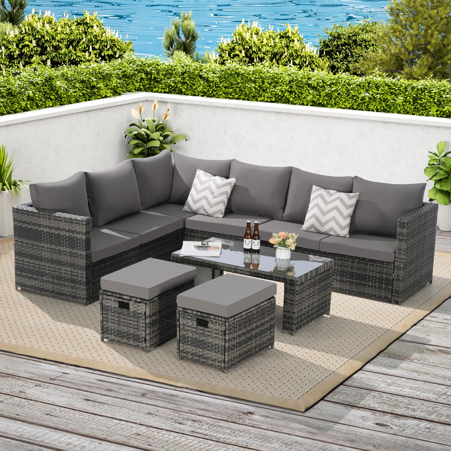 6 Piece Outdoor Patio Sofa Set – All Weather Wicker Rattan Conversation Set with Glass Table, Garden Seating Furniture