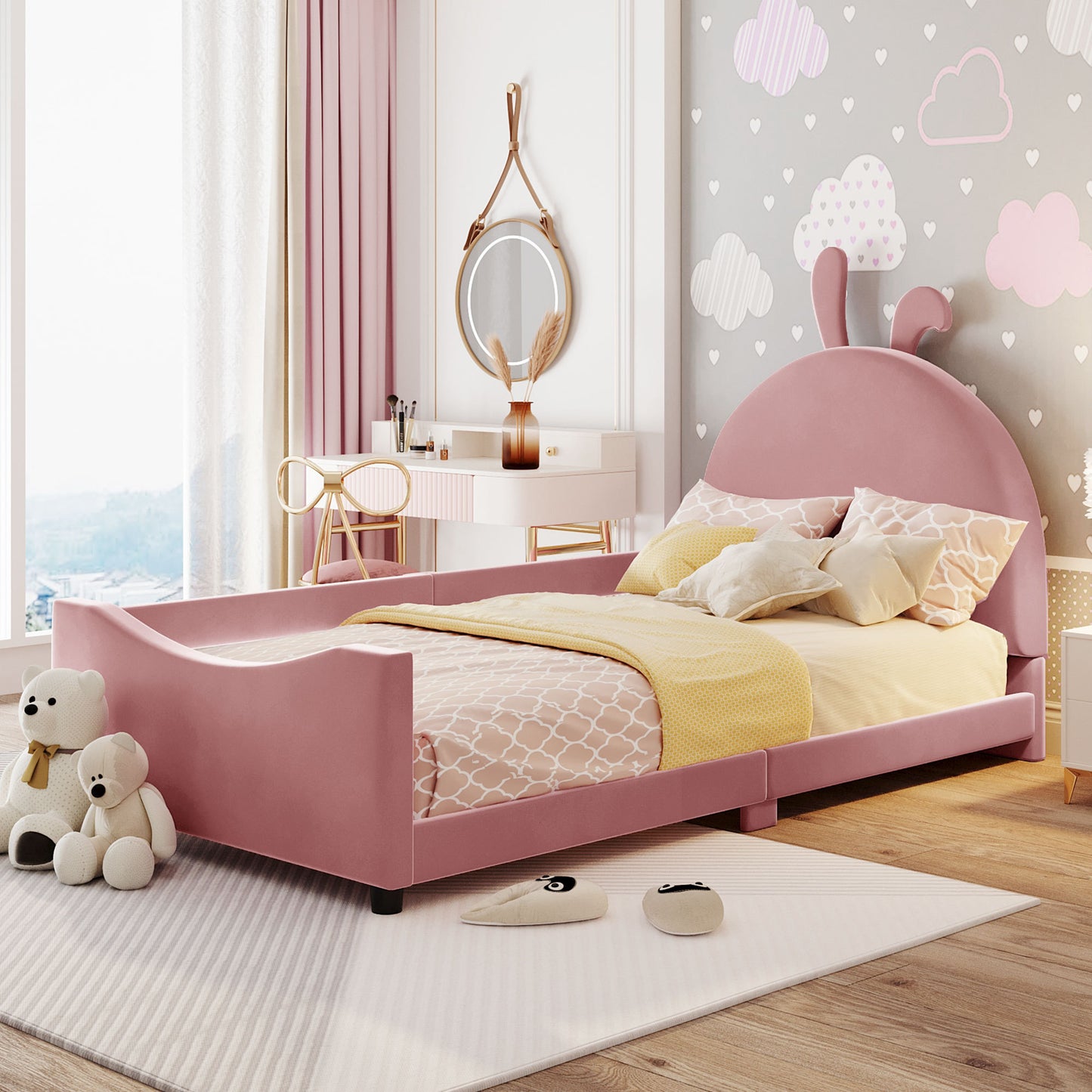Twin Size Upholstered Daybed with Rabbit Ear Shaped Headboard