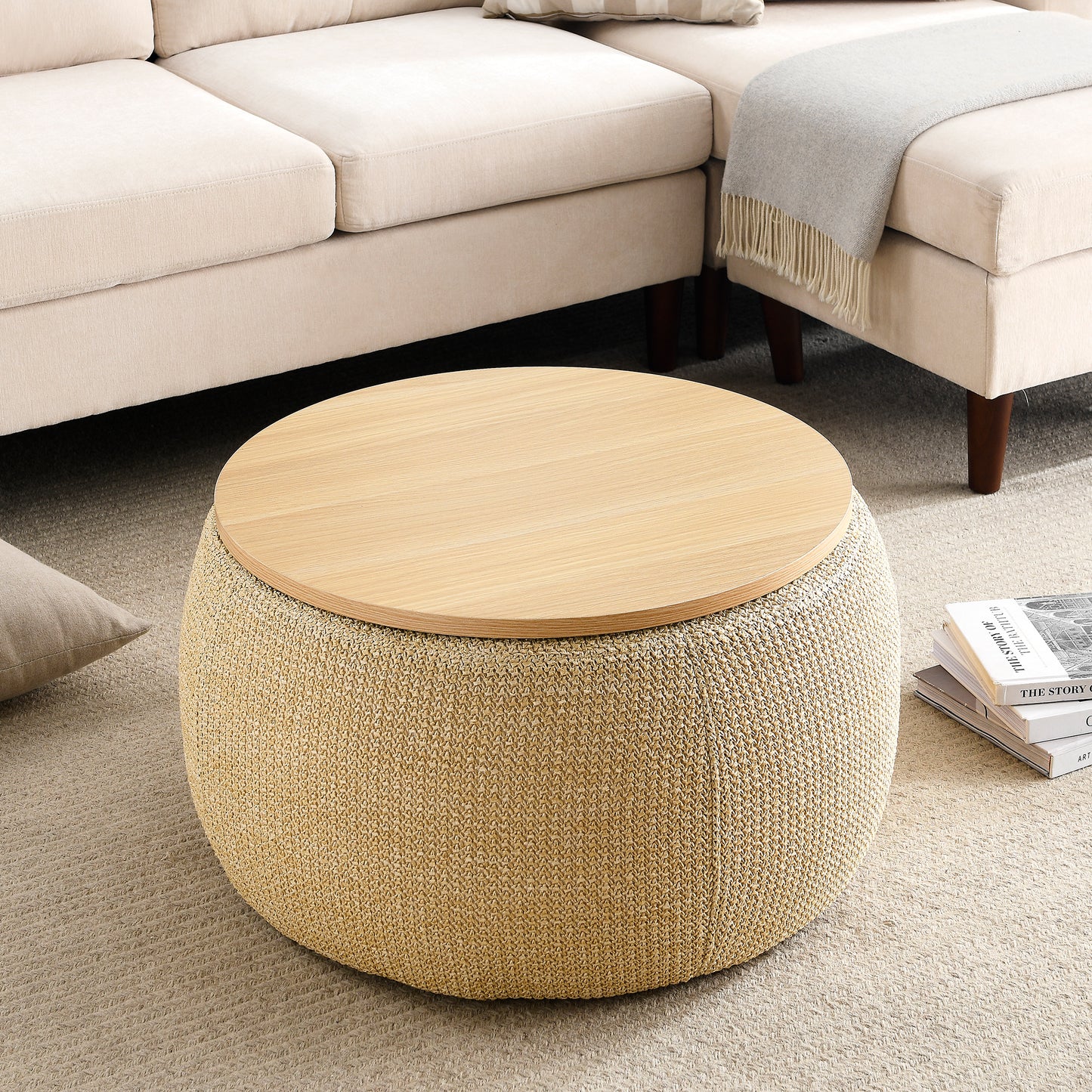 Round Storage Ottoman, 2 in 1 Function, Work as End table and Ottoman