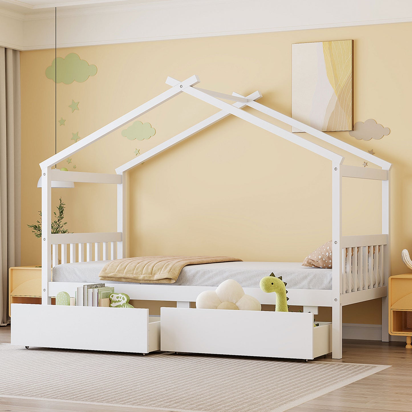 Twin Size Wooden House Bed with Drawers