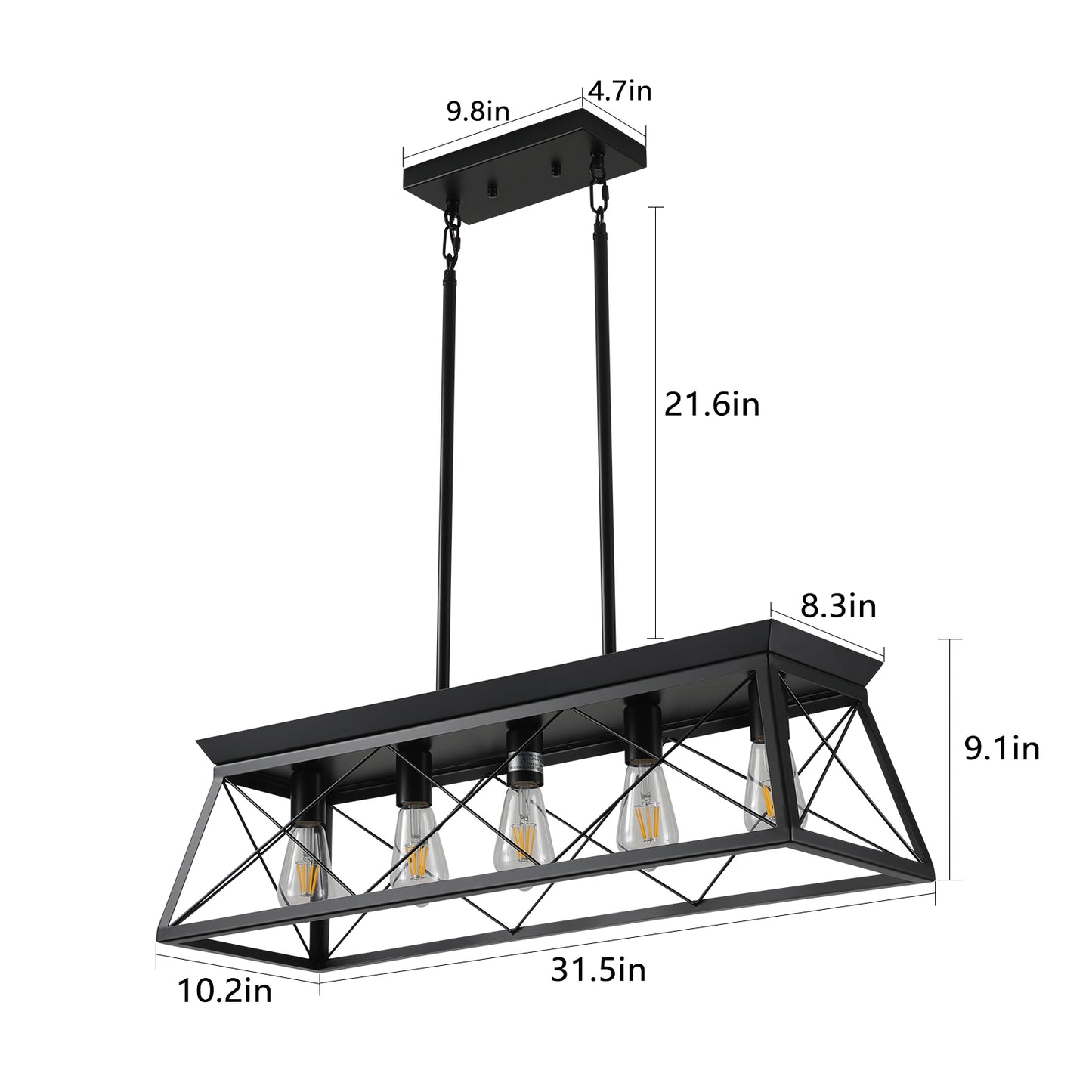 (Same as W1340111200/L1006) 5-Light Farmhouse Chandeliers for Dining Room, Metal Rustic Pendant Island Light Fixture, Modern Rectangular Island Lights for Kitchen, Living Room Pure black(No Bulbs)