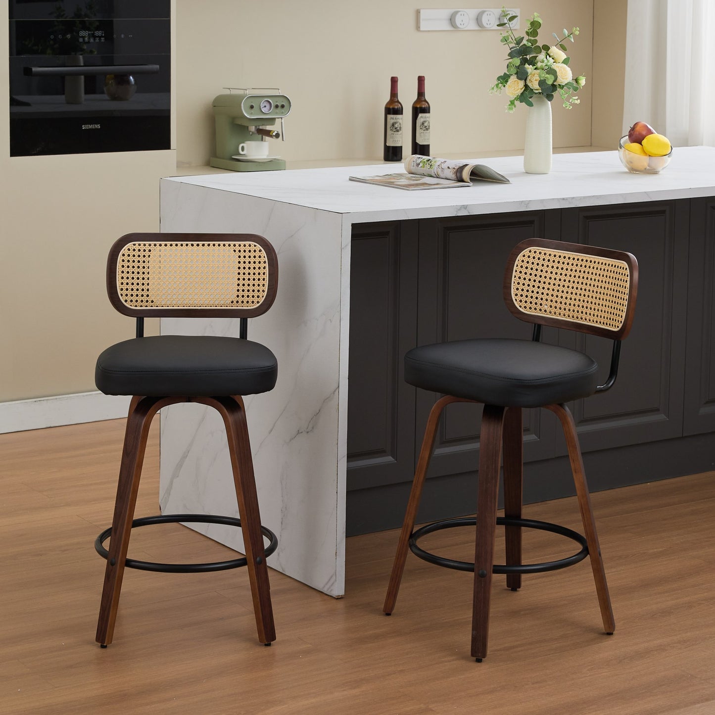 26 inch Rattan Counter Height Stools with Cane Back, Upholstered Seat