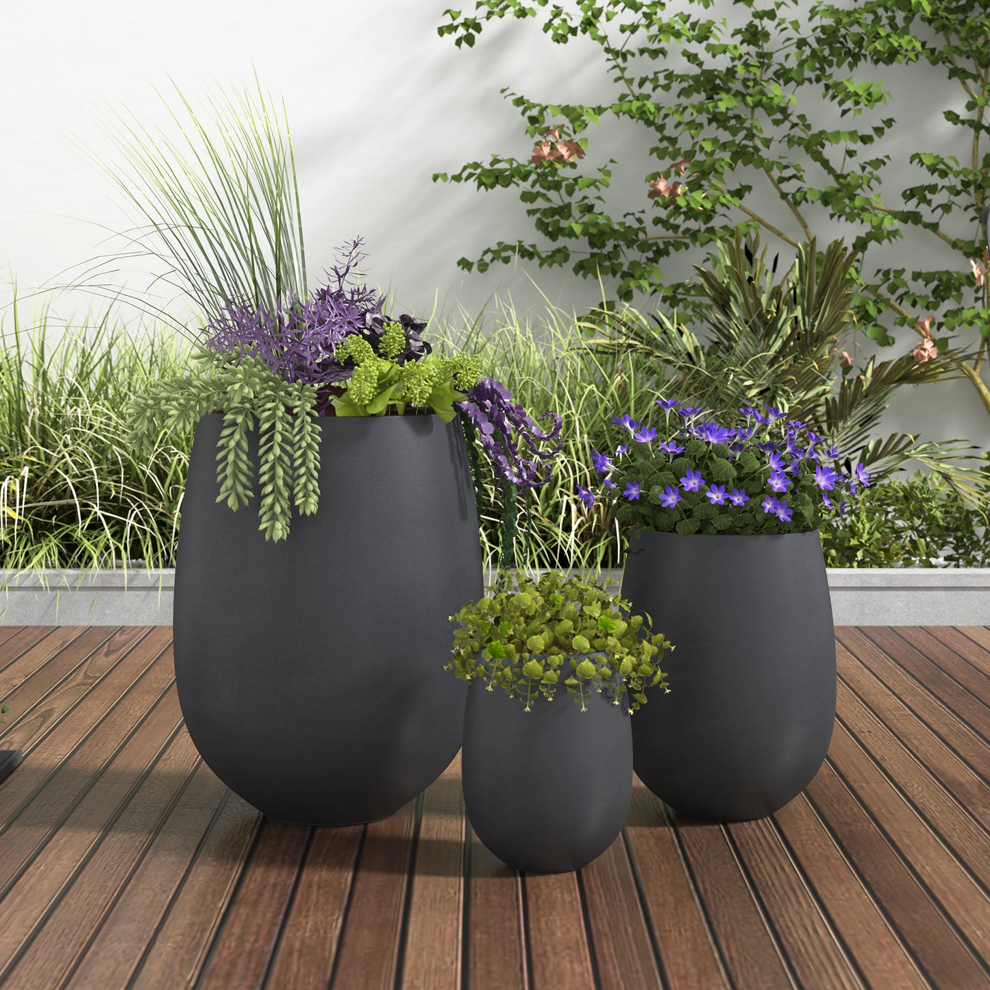 Round Outdoor Planter Set – 3 Piece Lightweight MGO Flower Pots with Drainage, Indoor Outdoor Plant Pots