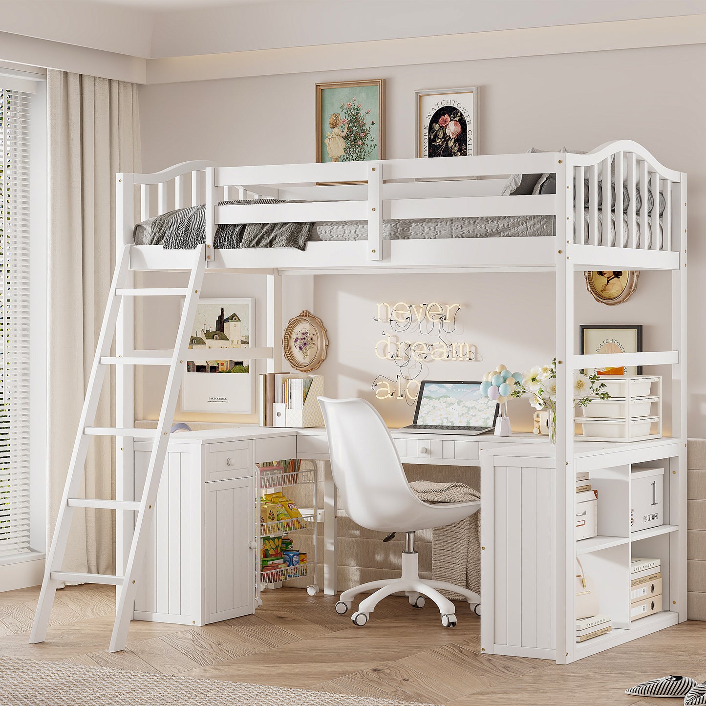 Twin size Loft Bed with Drawers, Cabinet, Shelves and Desk, Wooden Loft Bed with Desk - White