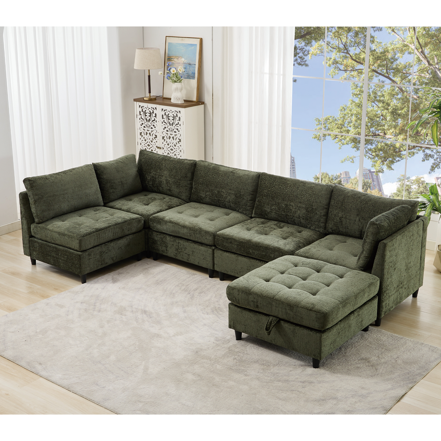 Modular Sectional Couch with Storage Ottoman, U Shaped Sofa, Storage Ottoman,Minimalist ,Convertible Modular Sofa,Chenille ,Upholstered,6 Seat,Living Room,   Green