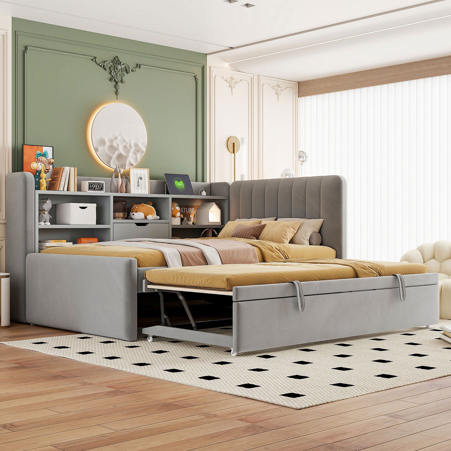 Twin Size Upholstered Daybed with Trundle, Storage Shelves, USB & Outlet