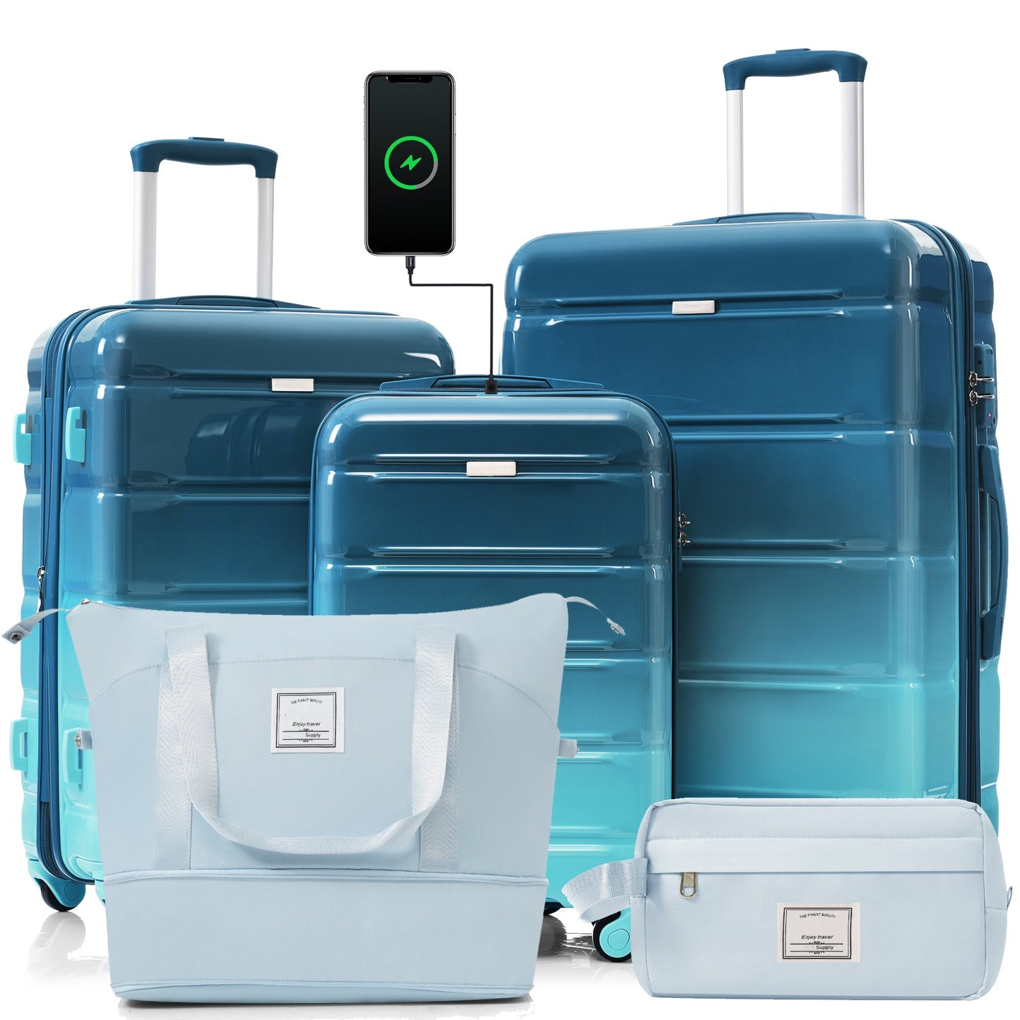 Luggage Sets 5 Piece, 20-inch with USB Port, ABS Durable