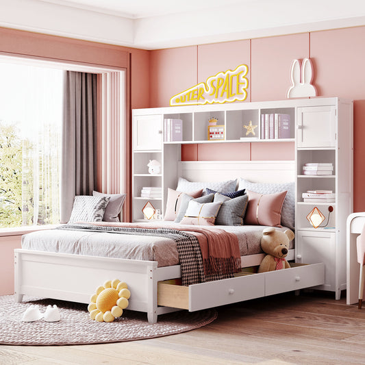 Platform Bed Frame, Full Size, Solid Wood with Shelves and Cabinets for Bedroom or Guest Room