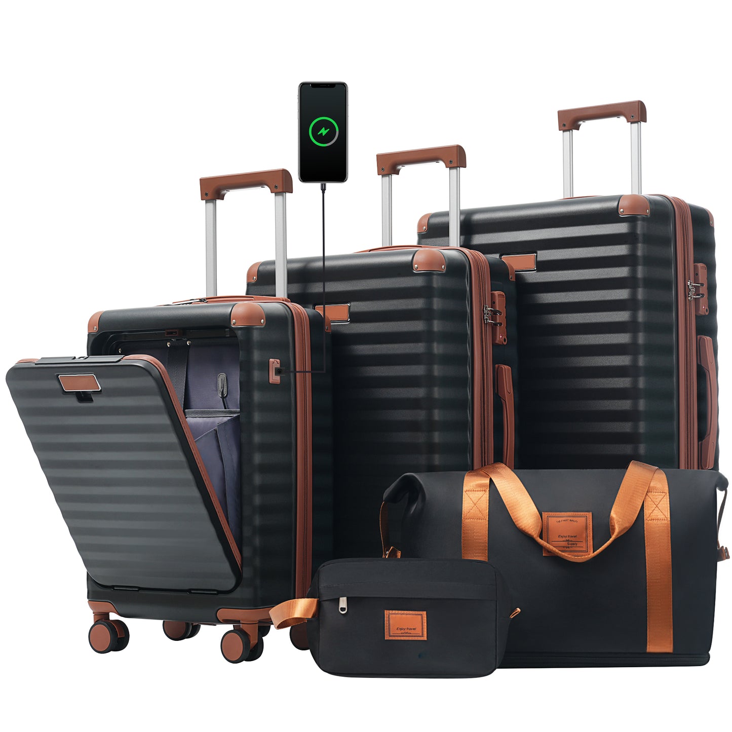 Luggage Sets 5 Piece with Front Opening , Hardside Expandable Carry on Suitcase with Spinner Wheels TSA Lock USB Port  C