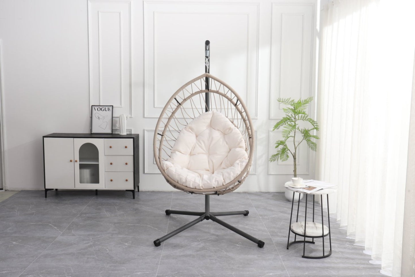 Outdoor Egg-shaped Hanging Chair with Stand, Patio Wicker Swing Chair, Indoor Rocking Chair,
