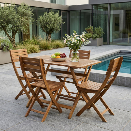 5-Piece Foldable Acacia Wood Outdoor Dining Set – Patio Table and Chair Set for Garden & Balcony Use