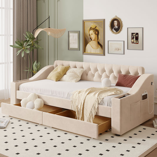 Daybed Beige Upholstered Modern with Storage and USB/Power Access for Bedroom or Guest Room