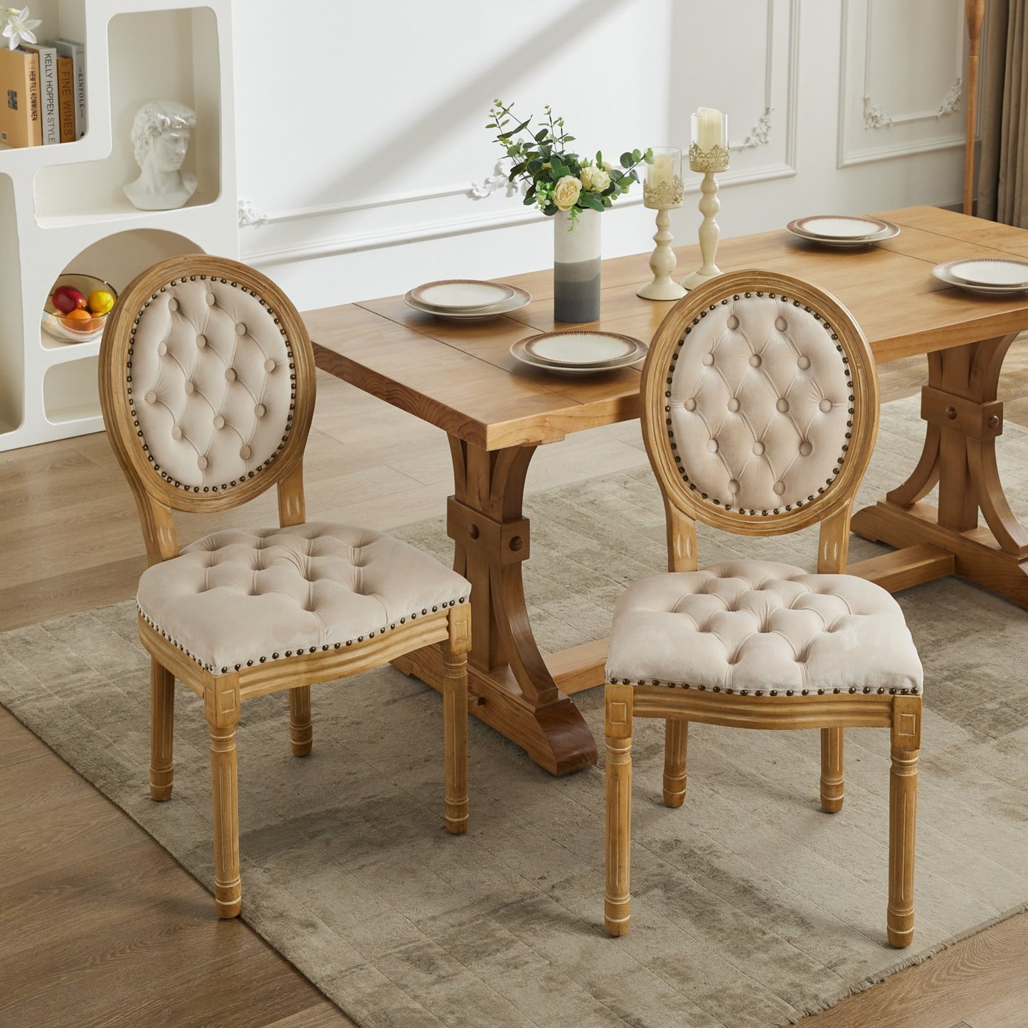 French Style Solid Wood Frame Antique Painting Dining Chair with Nailhead Trim, Hand-pulled Buckle