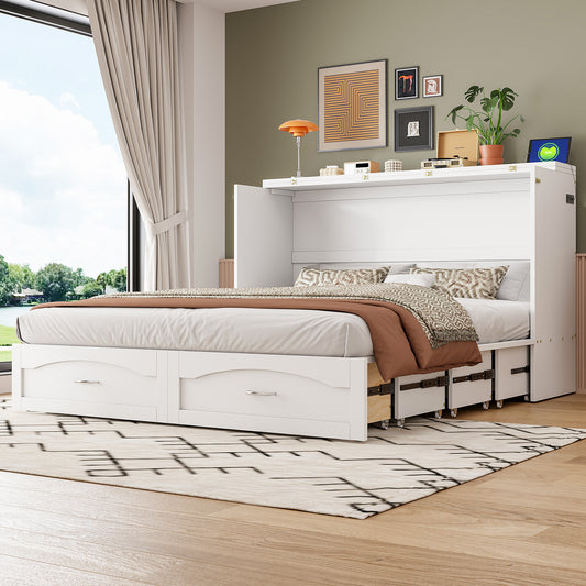 Murphy Wall Bed, Queen Size, Solid Wood and MDF with Drawers and USB and Outlet Feature for Bedroom or Home Office