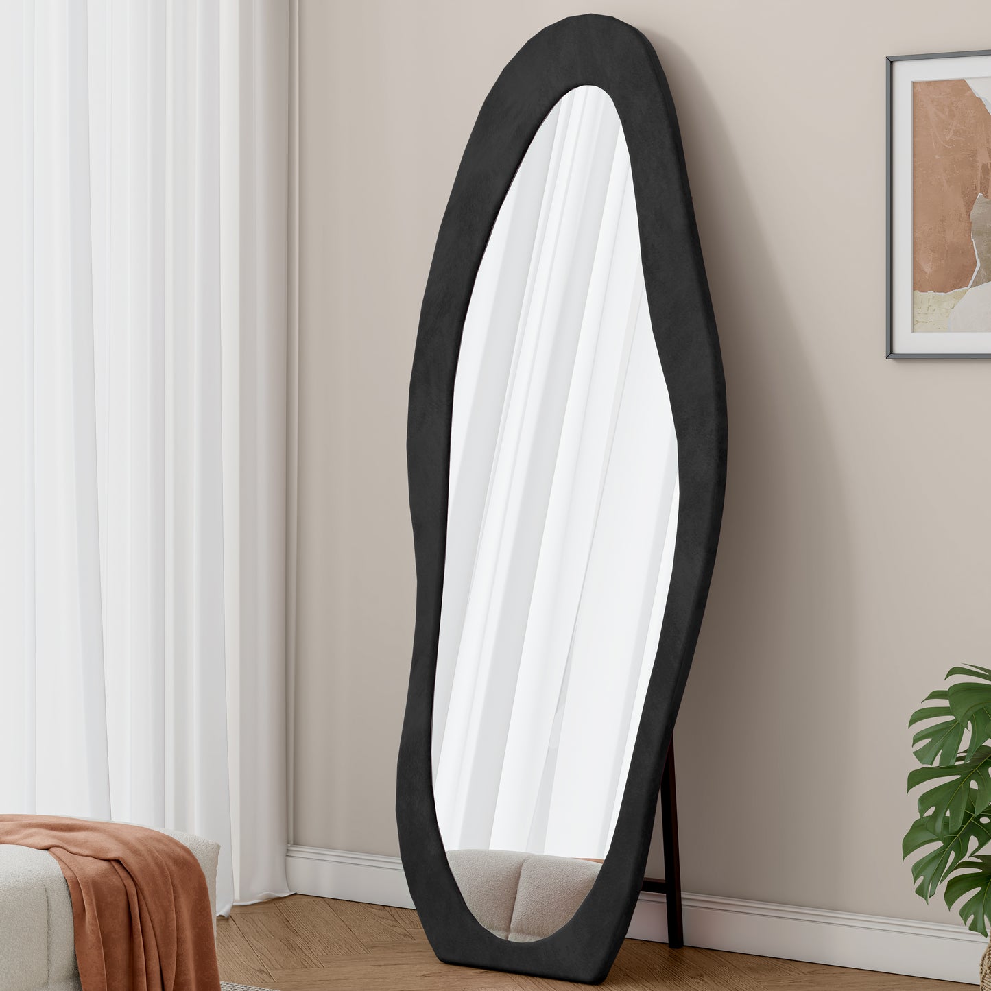 63" x 24" Full Length Mirror, Flannel Wrapped Wooden Frame Irregular Wavy Mirror Standingt