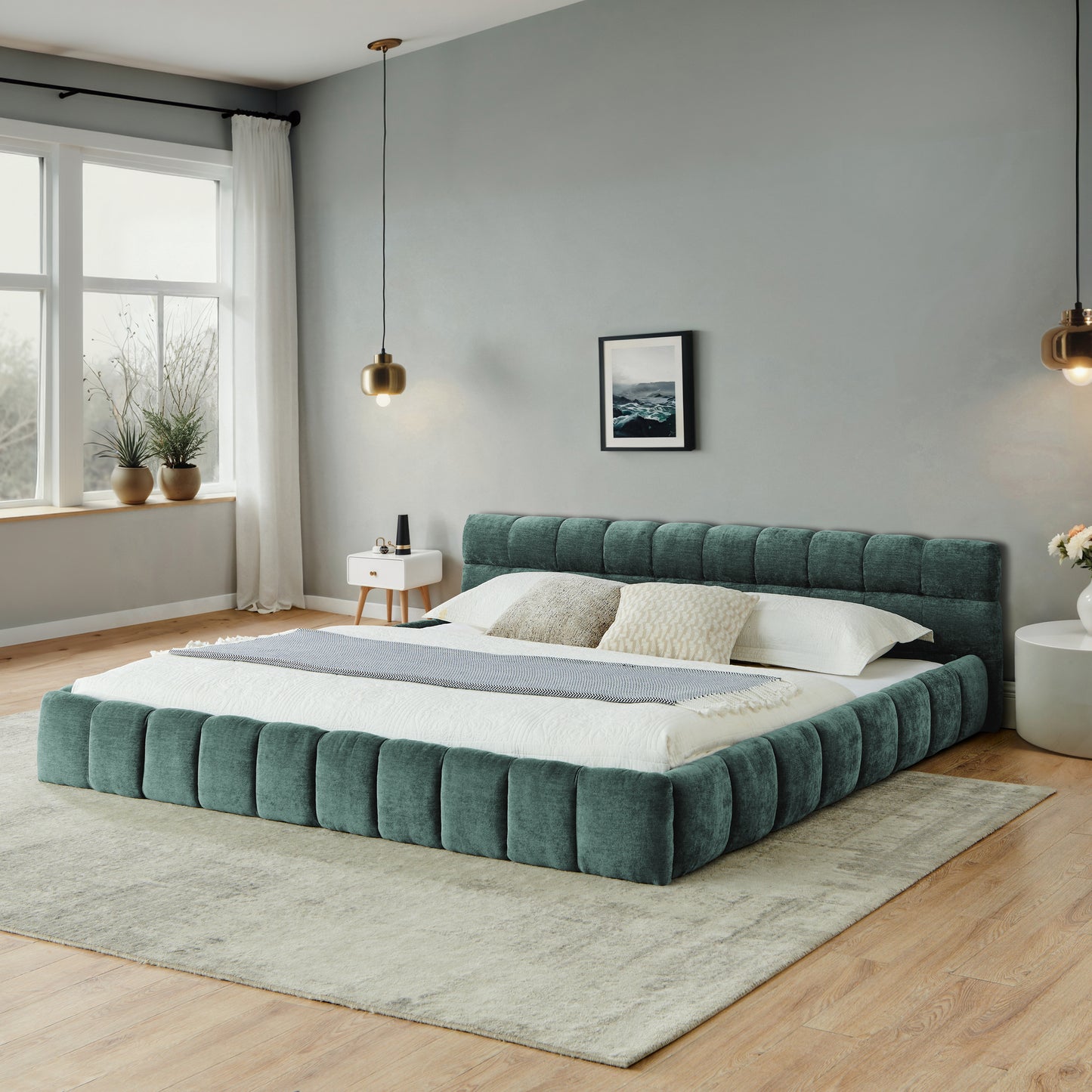 Upholstered Bed Frame with Thick Chenille Fabric, Grounded Platform Bed with Headboard and