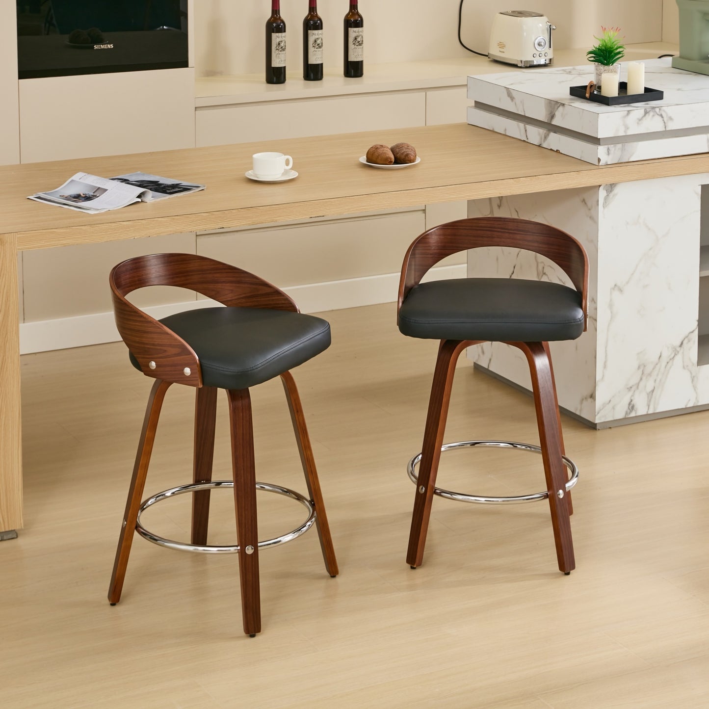 Bar Stools Set of 2, Swivel Bar Height Stools with Low Back, Wood Bar Chairs with Soft Cushion Seat, 25-Inch Seat Height