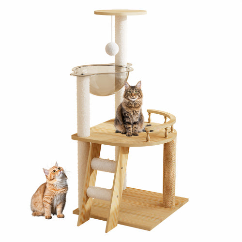 41.3" Modern Wood Cat Tree Tower – Multi-Level Cat Condo with Sisal Scratching Posts, Acrylic Hammock & Top Perch for Small and Large Indoor Cats
