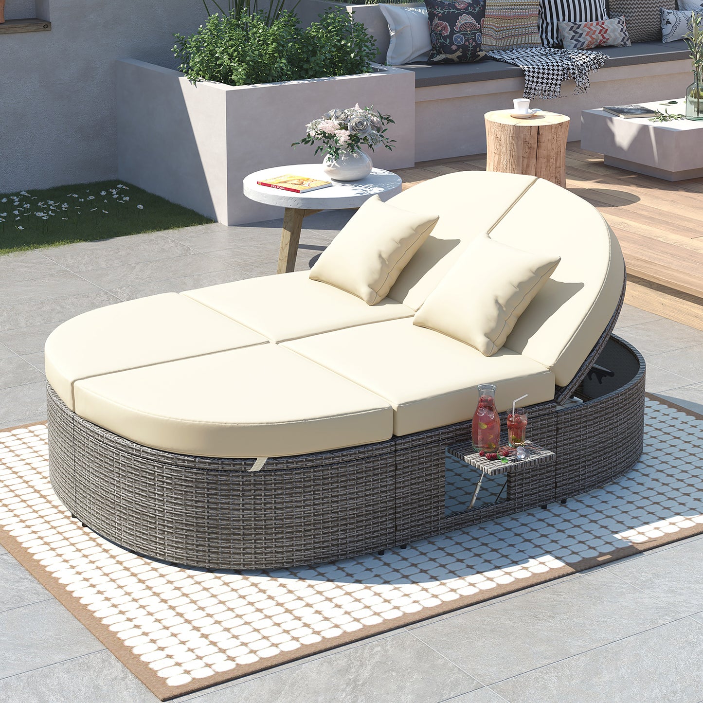 Outdoor Sun Bed Patio 2-Person Daybed with Cushions and Pillows, Rattan Garden