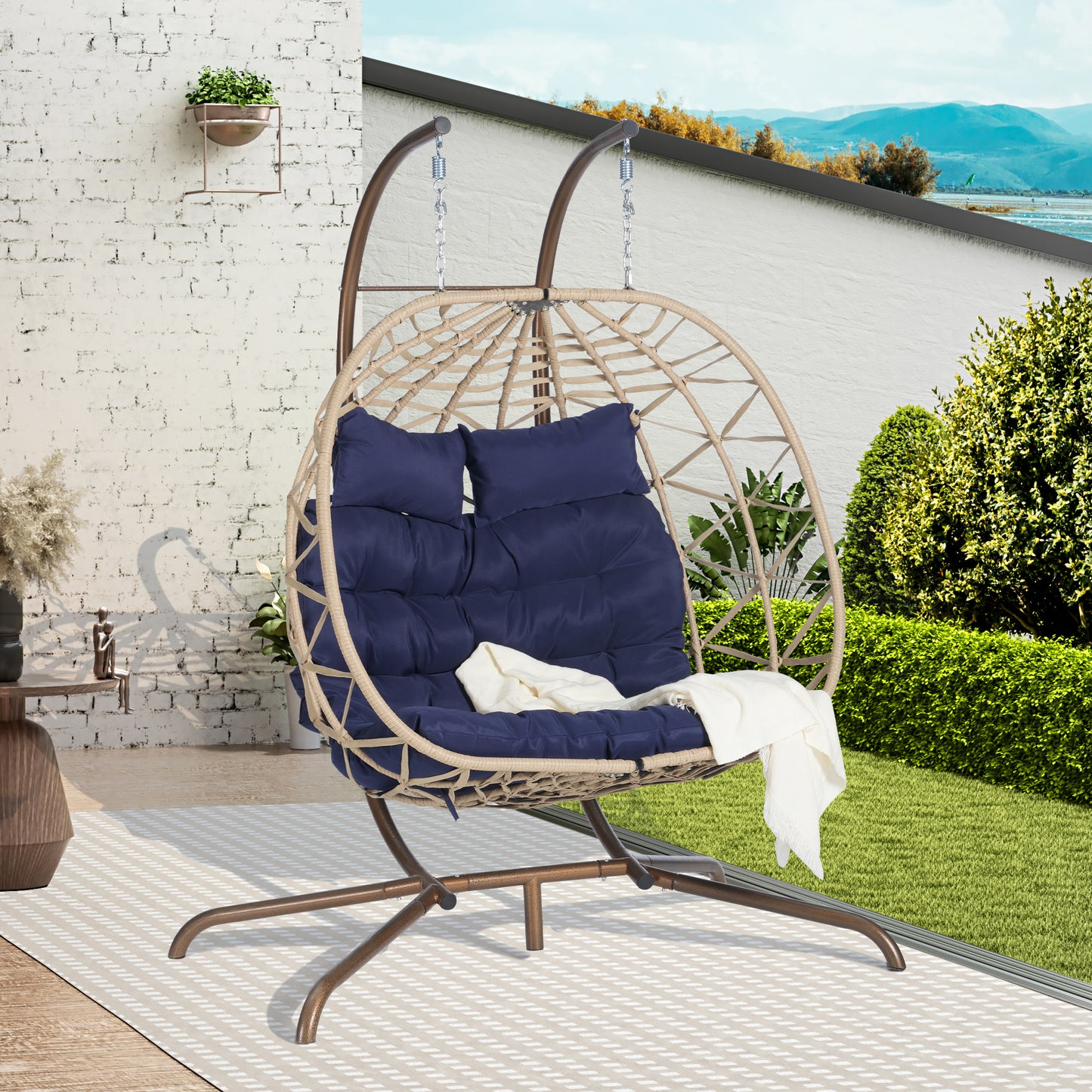 Double Egg Hanging Chair with Stand – 2 Person Wicker Swing Chair with Cushion, Outdoor Patio Hammock Chair