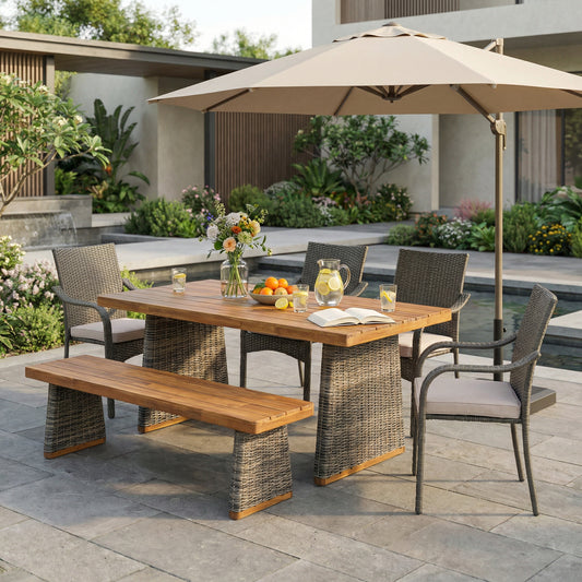 6-Piece Outdoor Acacia Wood Dining Set – 70" Patio Table with Bench & 4 PE Rattan Stacking Chairs, Weather-Resistant Garden Furniture Set, Gray